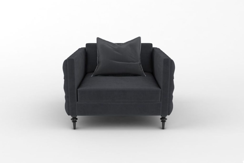 A black chair with a decorative pillow resting on the seat, showcasing a simple yet stylish design.