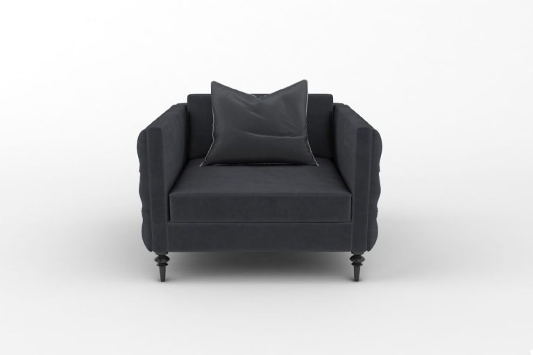 A black chair with a decorative pillow resting on the seat, showcasing a simple yet stylish design.